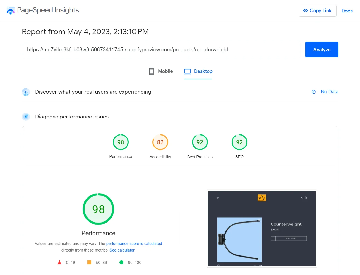 PageSpeed Insights Desktop report showing a performance score of 98.